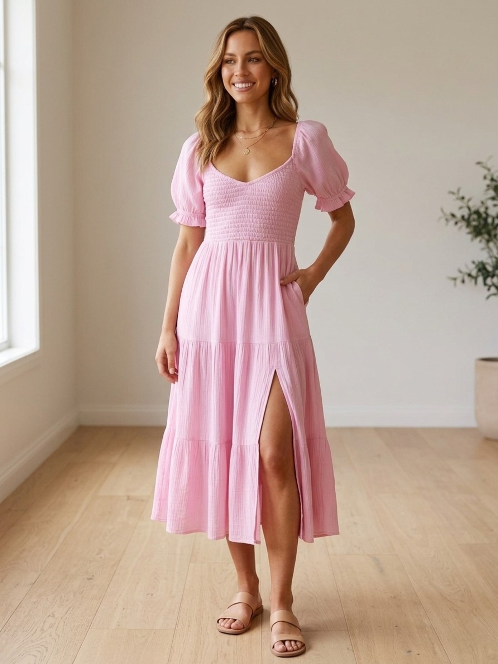 Abercrombie & Fitch Pink Smocked Puff Sleeve Midi Dress Pockets Size Large